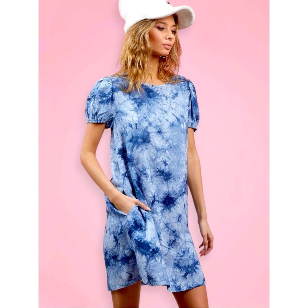 BiBi Blue Tie Dye Puff Sleeve Pockets T-Shirt Dress Mini Casual Stretchy NEW